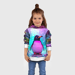 Толстовка-худи детская Пингвин в неоновых искрах, цвет: 3D-белый — фото 2