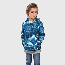 Толстовка-худи детская Пальмы и волны - голубые оттенки паттерн, цвет: 3D-меланж — фото 2