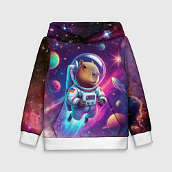 Толстовка-худи детская Космонавт капибара в неоновом космосе, цвет: 3D-белый