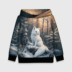 Толстовка-худи детская Белый лисенок в зимнем лесу, цвет: 3D-черный