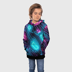Толстовка-худи детская Неоновый узор киберпанк микросхемы, цвет: 3D-черный — фото 2