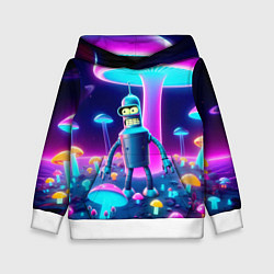 Толстовка-худи детская Робот-сгибальщик Бендер на поляне неоновых грибов, цвет: 3D-белый