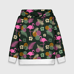 Толстовка-худи детская Фламинго и листья на темно-зеленом, цвет: 3D-белый