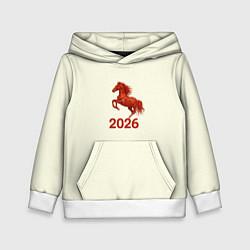 Толстовка-худи детская Символ 2026 года красная огненная лошадь, цвет: 3D-белый