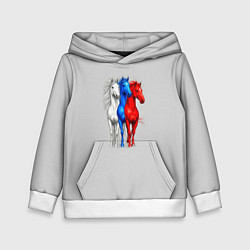 Толстовка-худи детская Триколор лошади символ 2026 года, цвет: 3D-белый