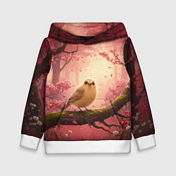 Толстовка-худи детская Желтая птица в розовом цветущем лесу, цвет: 3D-белый