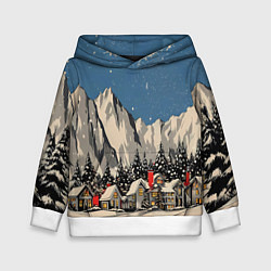 Толстовка-худи детская Небольшой новогодний город в горах, цвет: 3D-белый