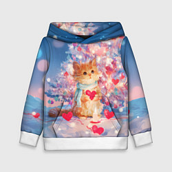 Толстовка-худи детская Милый котенок и новогодняя елка, цвет: 3D-белый