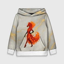 Толстовка-худи детская Красная огненная лошадка походка по подиуму, цвет: 3D-белый