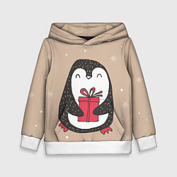 Толстовка-худи детская Пингвин с подарком, цвет: 3D-белый