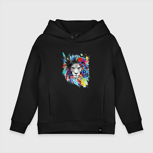 Детское худи оверсайз Лев в цветах и перьях / Черный – фото 1