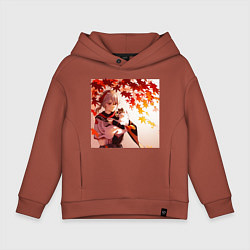 Толстовка оверсайз детская Каэдэхара Кадзуха с котенком Геншин Импакт, цвет: кирпичный