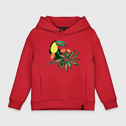 Толстовка оверсайз детская Птица тукан с цветами и листьями, цвет: красный