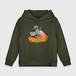 Толстовка оверсайз детская Осенний фламинго с ноутбуком, мечты о лете, цвет: хаки