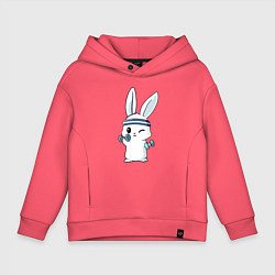 Толстовка оверсайз детская Прикольный зайчишка пауэрлифтер, цвет: коралловый