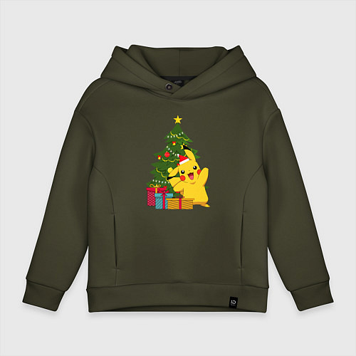Детское худи оверсайз Новогодний Пикачу и елка / Хаки – фото 1