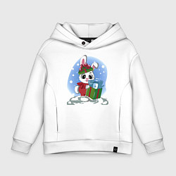 Толстовка оверсайз детская Rabbit with a New Years gift, цвет: белый