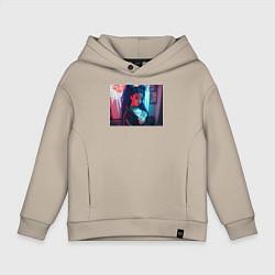 Толстовка оверсайз детская Девушка с синими волосами: неоновый киберпанк, цвет: миндальный