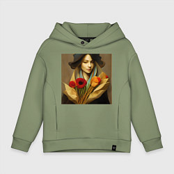 Толстовка оверсайз детская Девушка с цветами в стиле экспрессионизм, дизайн 1, цвет: авокадо