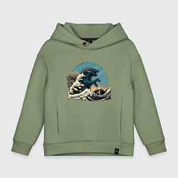 Толстовка оверсайз детская Годзилла в Большой волне у Канагавы, цвет: авокадо