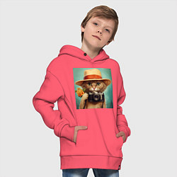 Толстовка оверсайз детская Кот в соломенной шляпе с фотоаппаратом, цвет: коралловый — фото 2