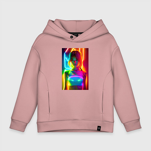 Детское худи оверсайз Japanese girl - neon glow - neural network / Пыльно-розовый – фото 1