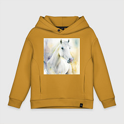 Толстовка оверсайз детская Акварельная белая лошадь, цвет: горчичный