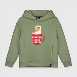 Толстовка оверсайз детская Рыжий кот в кружке со снежинками, цвет: авокадо