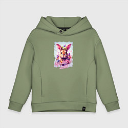 Толстовка оверсайз детская Кролик в цветах надпись, цвет: авокадо