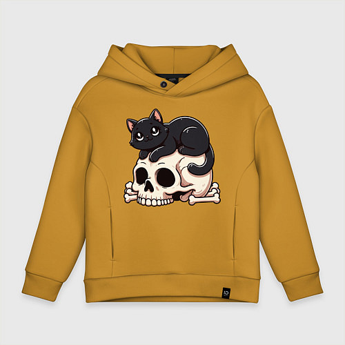Детское худи оверсайз Черный кот лежит на черепе / Горчичный – фото 1