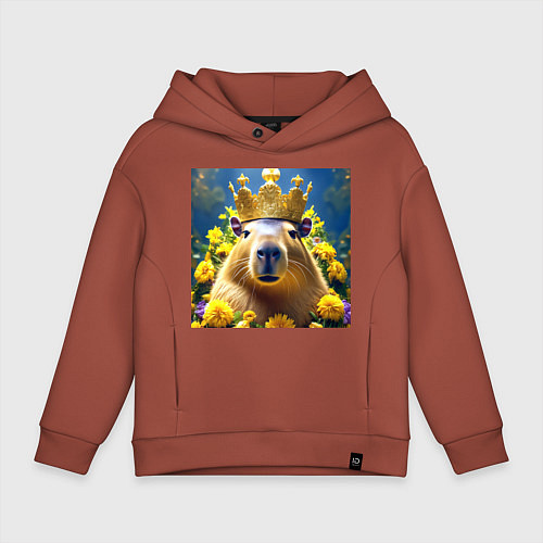 Детское худи оверсайз Мем капибара царь на троне и желтые цветы / Кирпичный – фото 1