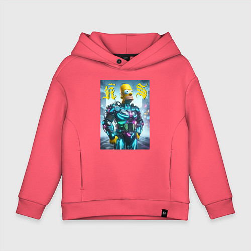 Детское худи оверсайз Homer Simpson - neon glow ai art / Коралловый – фото 1