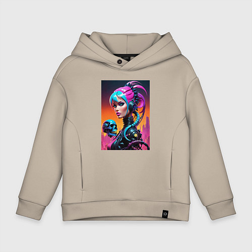 Детское худи оверсайз Девушка в стиле киберпанк с черепом - нейросеть / Миндальный – фото 1