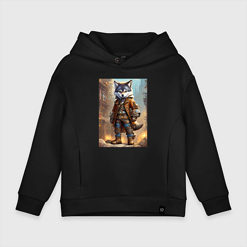 Детское худи оверсайз Прикольный волчонок - стимпанк / Черный – фото 1