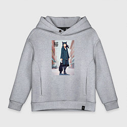 Толстовка оверсайз детская Девочка с кошкой в городе - нейросеть, цвет: меланж