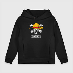 Толстовка оверсайз детская One piece череп в соломенной шляпе, цвет: черный