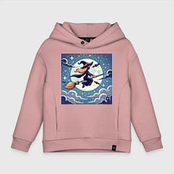 Толстовка оверсайз детская Ведьма на метле в ночи, цвет: пыльно-розовый