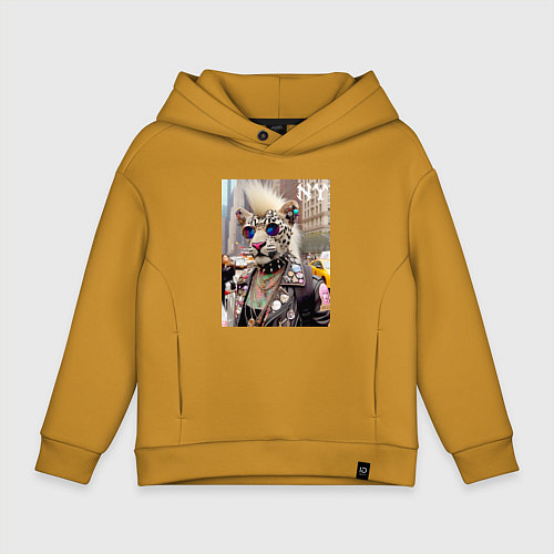 Детское худи оверсайз Леопард альбинос панк музыкант из Нью-Йорка - нейр / Горчичный – фото 1