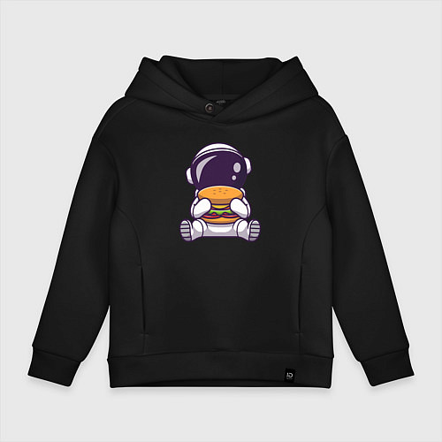 Детское худи оверсайз Космонавт ест гамбургер / Черный – фото 1