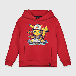 Толстовка оверсайз детская Пикачу покемон ест пиццу, цвет: красный