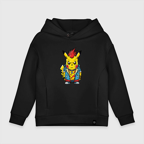 Детское худи оверсайз Пикачу панк с красным ирокезом / Черный – фото 1