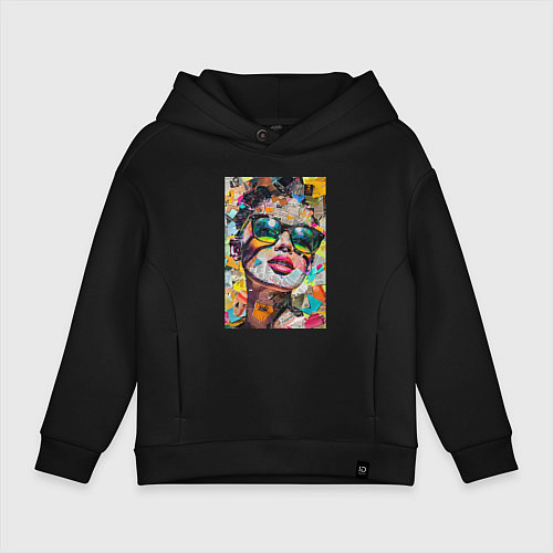 Детское худи оверсайз Лицо девушки из обрезков газет и журналов / Черный – фото 1