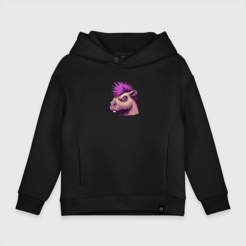 Детское худи оверсайз Панк капибара с ирокезом / Черный – фото 1