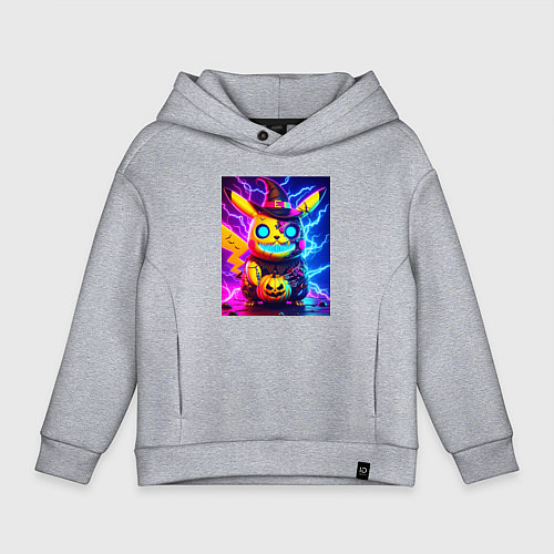 Детское худи оверсайз Пикачу киберпанк зомби - неоновое свечение / Меланж – фото 1