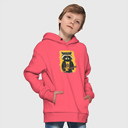 Толстовка оверсайз детская Енот рокер играет на гитаре, цвет: коралловый — фото 2