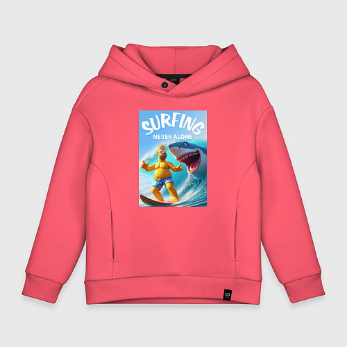 Детское худи оверсайз Homer Simpson and shark - surfing never alone / Коралловый – фото 1