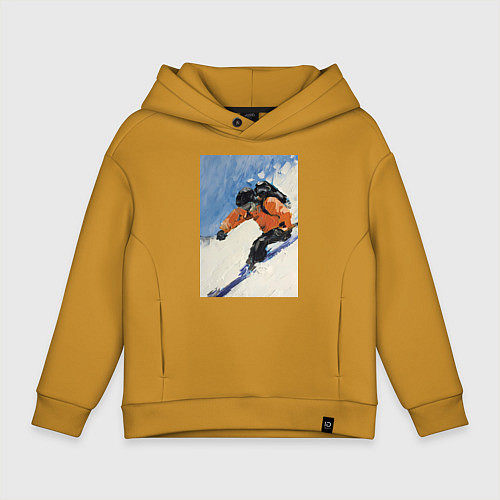 Детское худи оверсайз Горнолыжный спорт спуск - живопись маслом / Горчичный – фото 1
