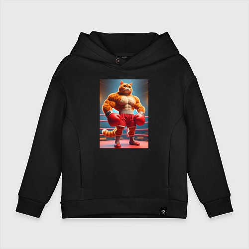 Детское худи оверсайз Рыжий котяра профессиональный боксёр - нейроарт / Черный – фото 1