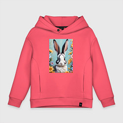 Толстовка оверсайз детская Кролик в цветах, цвет: коралловый