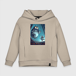 Толстовка оверсайз детская Тоторо гонится за лесным длинноухим котом - хэллоу, цвет: миндальный